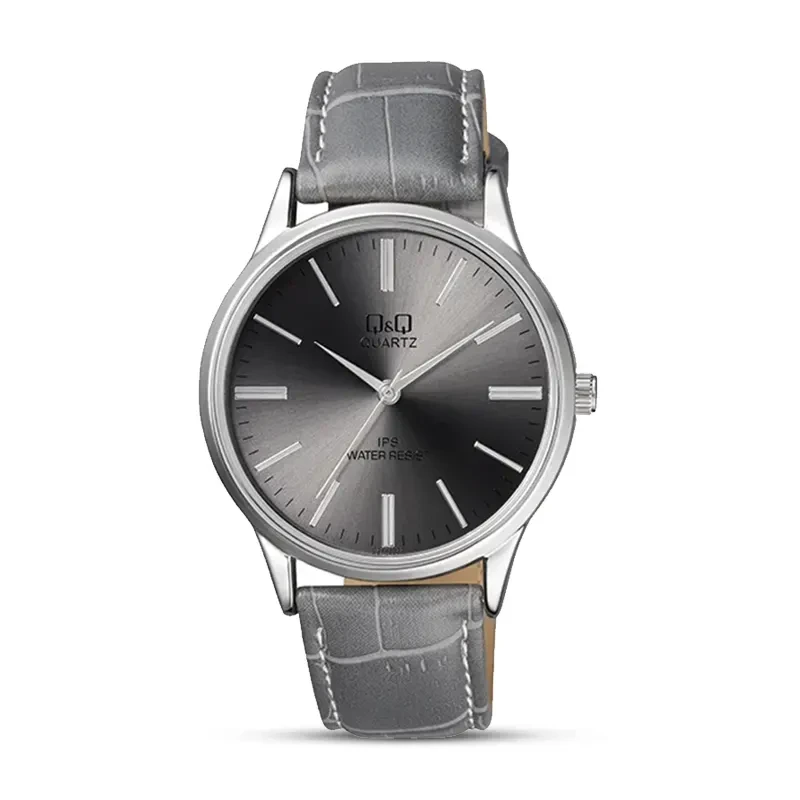 Q&Q Grey Dial Grey Leather Strap Men's Watch | C214J322Y