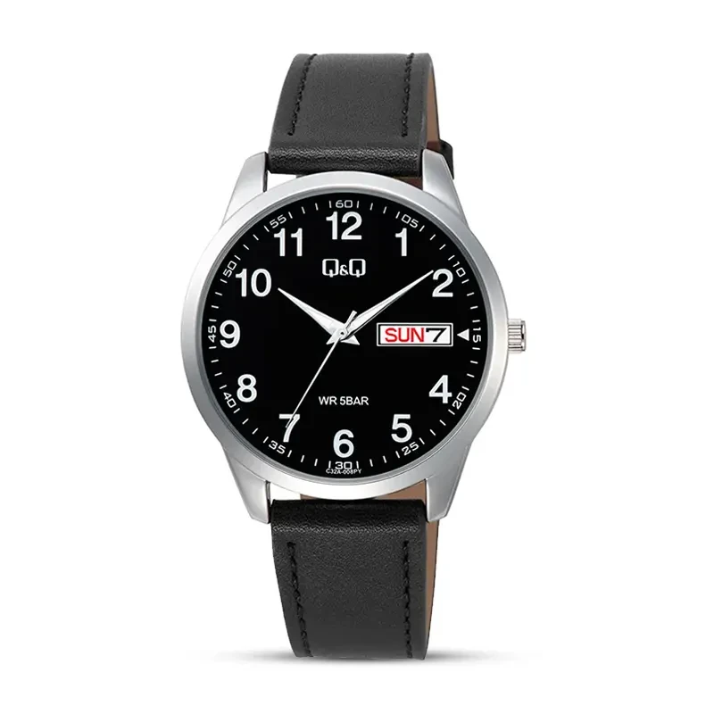 Q&Q C32A-008PY Black Dial Day-Date Leather Men's Watch