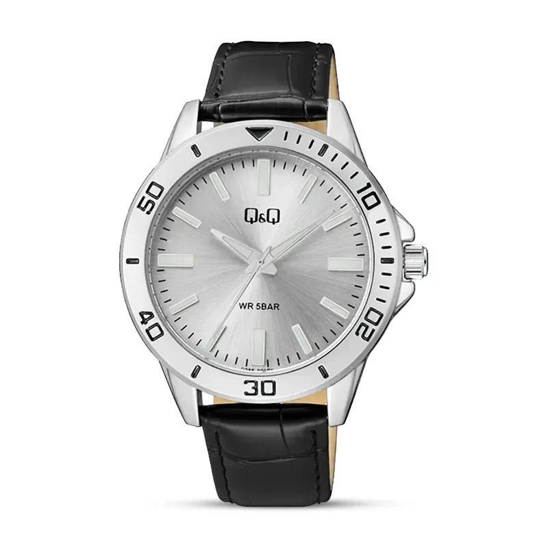 Q&Q Q28B-005PY Silver Dial Leather Strap Men's Watch