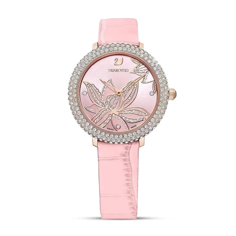 Swarovski Crystal Frost Pink Floral Dial Leather Ladies Watch | 5575217