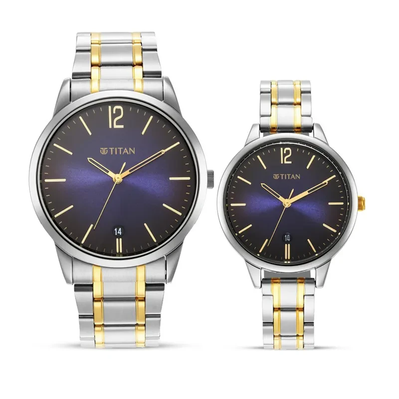 Titan Date Blue Dial Two-Tone Couple Watch | 18062617BM01