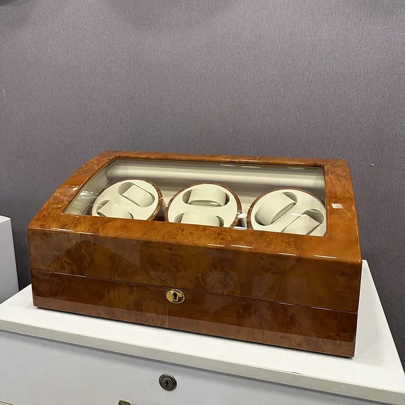 Luxury 6-Slot Automatic Watch Winder with 7 Storage Capacity – High Gloss Burlwood Finish