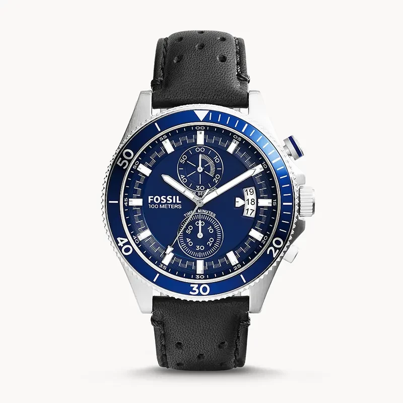 Fossil Wakefield Chronograph Blue Dial Black Leather Men’s Watch | CH2945