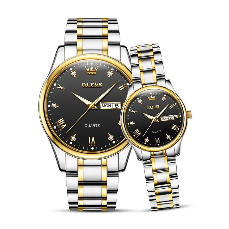 Olevs Black Dial Two-tone Couple Watch | 5563