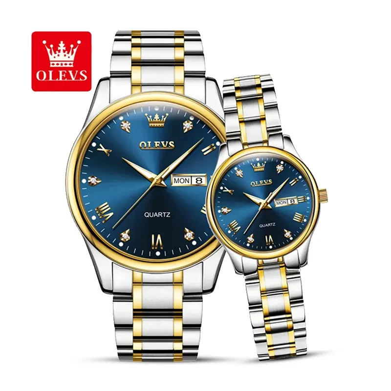 Olevs Blue Dial Two-tone Couple Watch | 5563